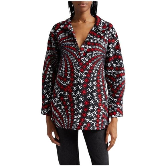 The Oula Company NWT Print Boyfriend Tunic Blouse Red Black White Size M Cotton - Picture 1 of 11